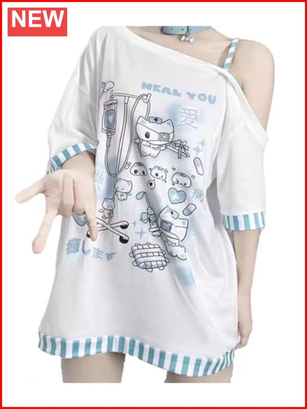 Y2K Kawaii Off Shoulder Cartoon Graphic Tee Harajuku Gothic